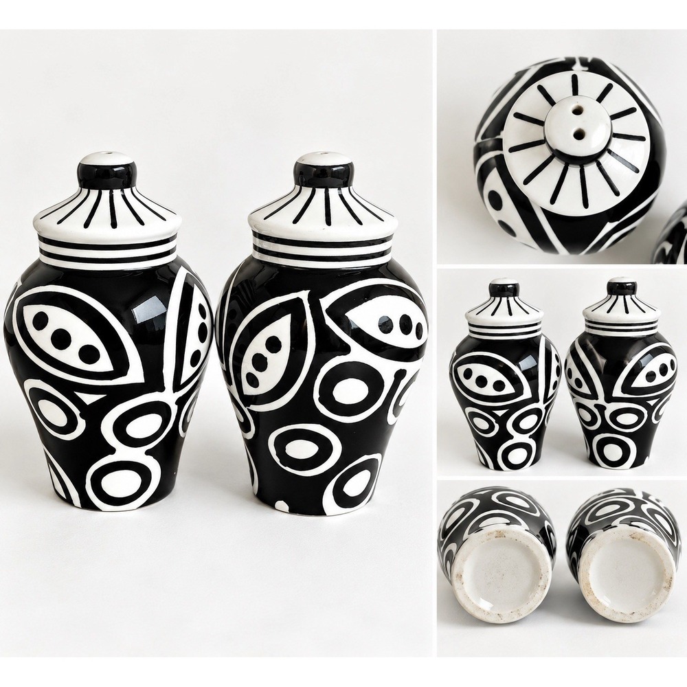 Vintage Black White Ceramic Salt Pepper Shakers Mid Century Mod Geometric Design